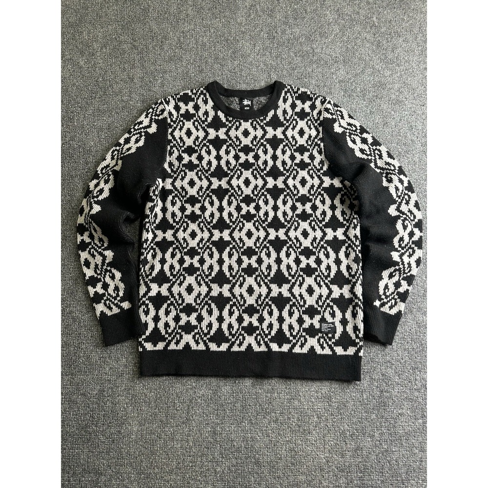Mens Stussy Lambswool Knit Sweater Black White, Size M